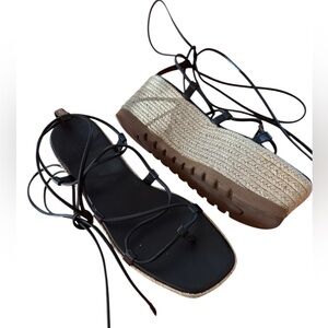 Michael kors collection Black Espadrille platform Sandals wrap up lace 38.5